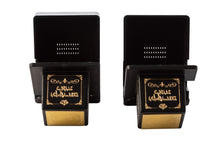 Load image into Gallery viewer, Plastic Tefillin Boxes Case BLACK AND GOLD FOR רש&#39;&#39;י RASHI with GOLD Metal Plate on top set of 2 shel rosh and Shel Yad For Righty being sold in unit of 12 sets
