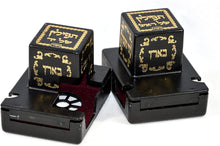 Load image into Gallery viewer, Plastic Tefillin Boxes Case Cover set of 2 Shel Rosh And Shel Yad For Righty Black And Gold Rashi sold in unit of 12 sets
