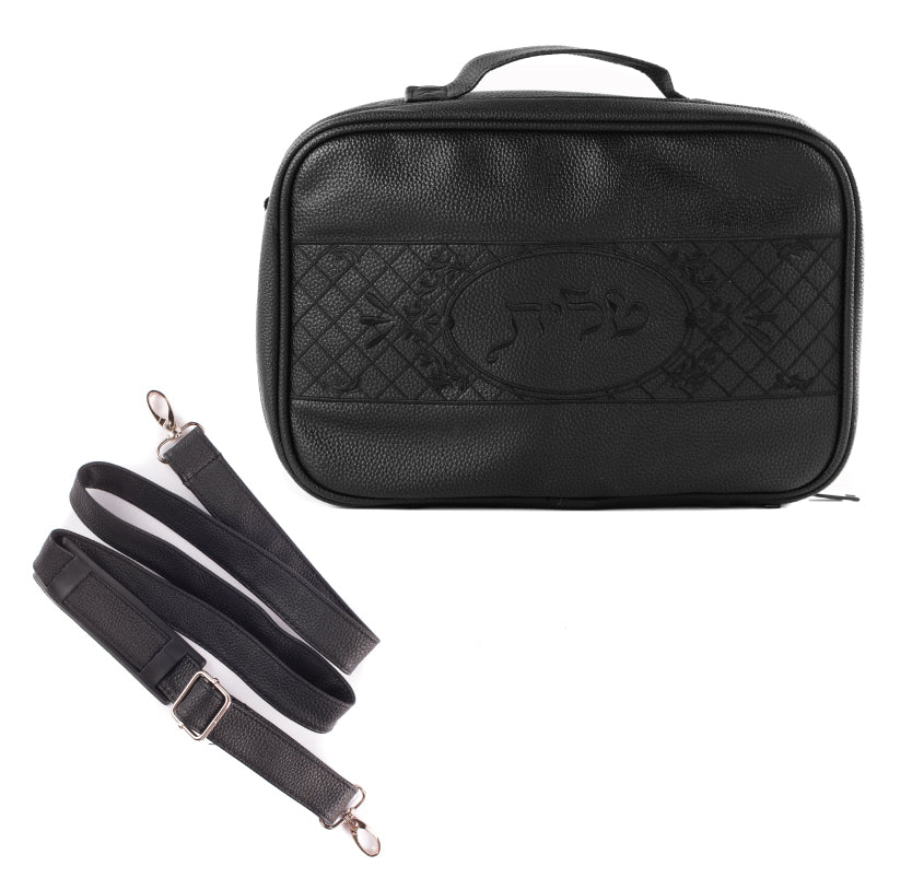 Tallit and Tefillin Faux Leather Prayer Travel Tote Bag Rain Proof Carry Handle And shoulder strap Black Embroidery