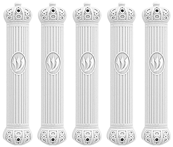 Plastic Mezuzah case With Rubber Seal White With Crown Motif  Sold in unit of5 pcs.